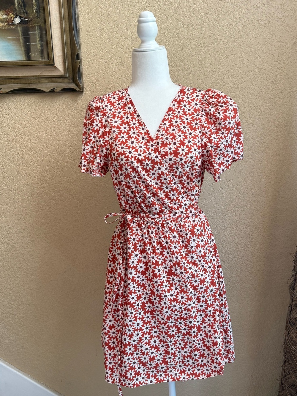 Madewell Floral Wrap Dress L Rust Puff Sleeve Tie Waist daisies large